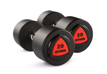 Набор из 5 пар обрезиненных гантелей 32 - 40 кг (шаг 2 кг)  ZIVA серии ZVO красная вставка